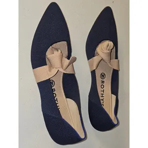 Rothy's Womens Navy The Point‎ Mary Jane Flats Shoes With Tan Bow Strap 10.5 thumbnail 2