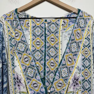 Free People Women Lola Floral Top Large Blue Patchwork Paisley‎ Button Front thumbnail 3