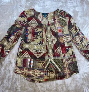 Lauren Ralph Lauren Aztec Western Multicolor Geometric Patchwork Blouse thumbnail 1