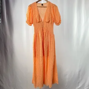 Sundress Deep V Eyelet Puff Sleeve Maxi Dress in Orange‎ Size Extra Small thumbnail 5