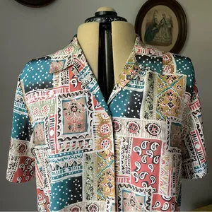 VINTAGE 1990s patchwork pattern button down blouse thumbnail 4