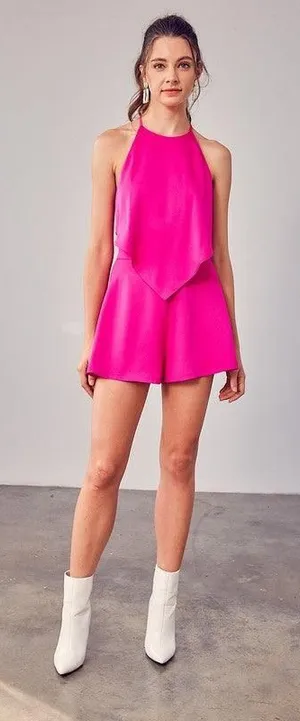 Vibrant Pink Halter Top - Handkerchief Hem & High Neckline - Size Large thumbnail 1