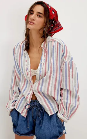 Free People Valley Double Cloth Striped Shirt in Ivory Combo L thumbnail 1