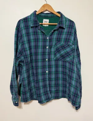 Aerie Plaid Button Up Flannel Shirt Size XXL Blue Green thumbnail 1