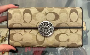 Coach Signature Khaki Brown Jacquard Flap Wallet Medallion Snap thumbnail 1
