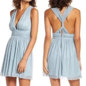 Lulus Light Blue Metallic Pleated Mini Dress V-Neck Open Back‎ 17D1756 Womens S thumbnail 2