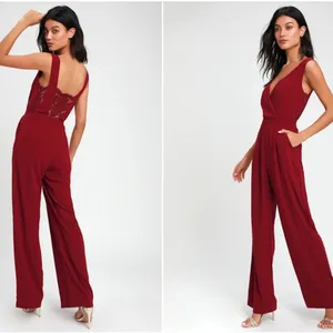 LULU's Sexy Elegant Chic Lace Minimalistic Wedding Burgundy Wide Leg Jumpsuit thumbnail 4