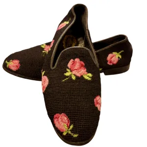VTG Floral Needlepoint Loafers Rose Tapestry Smoking Slipper Grandmacore 10 thumbnail 1