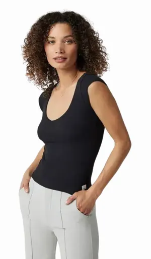 Vuori Womens Top Black Sleeveless Cove V Neck Tank Ribbed Knit Stretch Small thumbnail 1