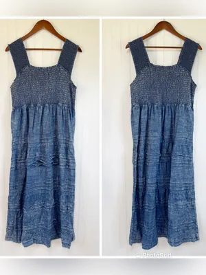 SOFT‎ SURROUNDINGS Smocked Chambray Denim Maxi Dress Large Petite Sleeveless thumbnail 2