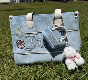 Juicy Couture Blue Velour Tote Bag Mini Charm Scottie Keychain Y2K McBling Purse thumbnail 1