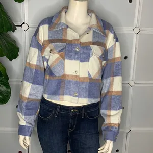 Plaid Print Drop Shoulder Crop Overcoat Size Large Blue thumbnail 3
