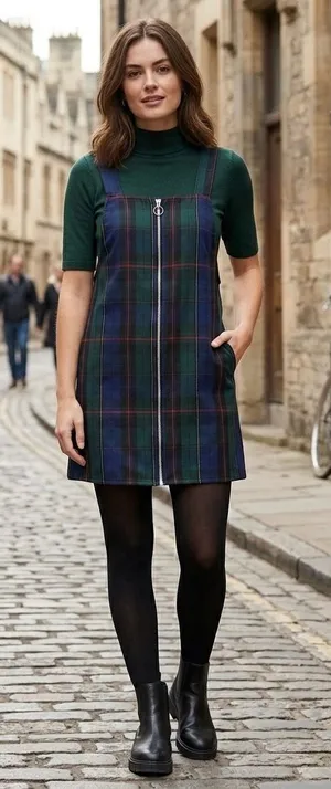 Womens small Forever 21 Plaid zip front pinafore/overall dress-navy/green/red thumbnail 1