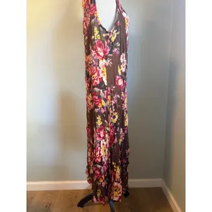 Vintage Floral Crinkle Maxi Dress L boho‎ whimsi dainty beach Brown Sleeveless thumbnail 3