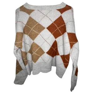 Bibi Cream And Orange Argyle Plaid Fall Knit Pullover Sweater Size L thumbnail 3