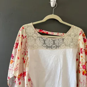 prAna Womens Small Boho Mixed Media Floral‎ Kimono Sleeve Crochet Lace Top White thumbnail 2