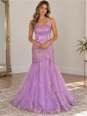 Jovani Lavender Beaded Lace Mermaid Prom Dress | Size: 10 thumbnail 1