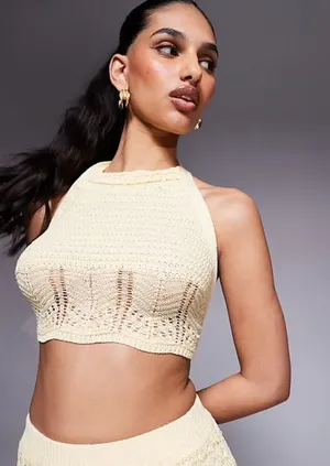 Princess Polly Crochet Halter Neck Tie Back in Yellow Size M/L thumbnail 1