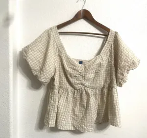 Old Navy Womens Shirt Blouse Cream White Gingham Plaid Puff Sleeve Plus Size 2X thumbnail 1