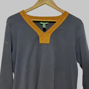 Lauren Ralph Lauren Tunic Top L Navy Blue‎ Suede Trim Equestrian Preppy Capsule thumbnail 3