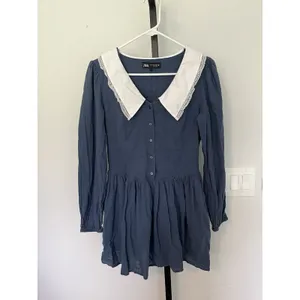 Zara Bib Oversized Collar Blue Mini Dress Cottage Core Preppy Size Medium thumbnail 4