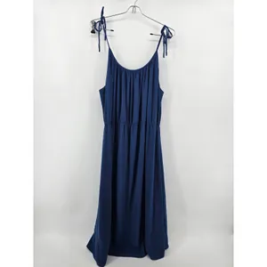 Theory Silk Midi Dress Womens Large Blue Tie‎ Shoulder Gathered Neck Minimalist thumbnail 3