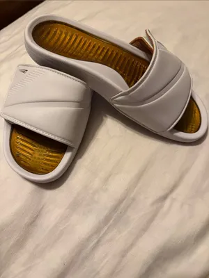 White Slide Sandals with Metallic Gold Insole - Women's thumbnail 3