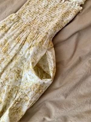 Aqua Yellow Smocked Floral Sundress Cottagecore Maxi Lined w Pockets thumbnail 5
