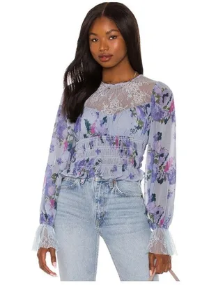 Free People Daphne Sliver Blue Floral Boho Smocked Lace Blouse Medium NWT $128 thumbnail 1