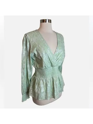 $118 Roller Rabbit Top Mint Green Metallic Jacquard V Neck Long Sleeve S thumbnail 2
