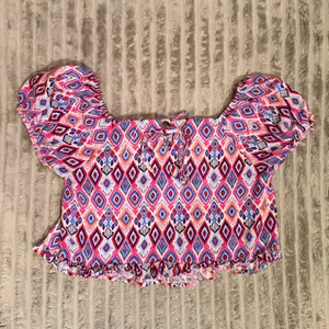Savanna Jane Womens Pink Blue Ikat Diamond Print Puff Sleeve Crop Top Large thumbnail 6