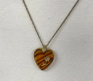 Vintage Gold Tone Orange Plastic Heart Pendant With Rhinestone Necklace thumbnail 2