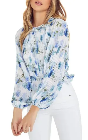 Fate Pleated Floral Blouse - Blue & White thumbnail 1