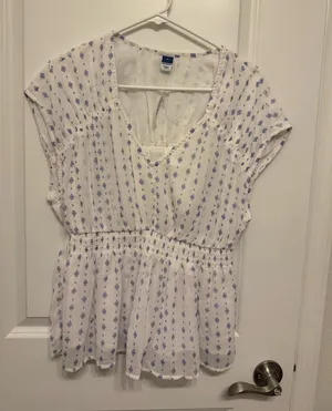 Old Navy White Peplum Tunic with Blue Print thumbnail 1