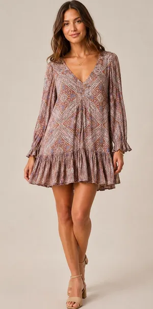 Anthropologie Sabia Flounced Printed V-Neck Long Sleeve Tunic Dress thumbnail 1