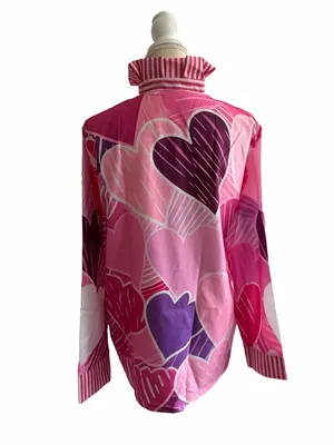 Women's Long Sleeve Pink Heart Theme High Ruffle Neck Blouse Size L #260864 thumbnail 2