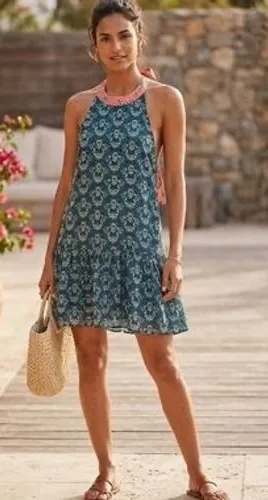 Natural Life Teal Floral Halter Neck Tiered Mini Dress Blue Green Coral Medium thumbnail 1