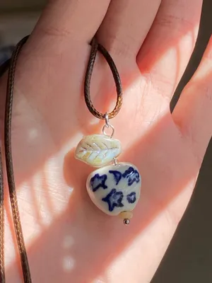 Handmade celestial porcelain heart bead & Czech leaf unique boho fairy whimsical necklace🌙🌀🌟 thumbnail 2