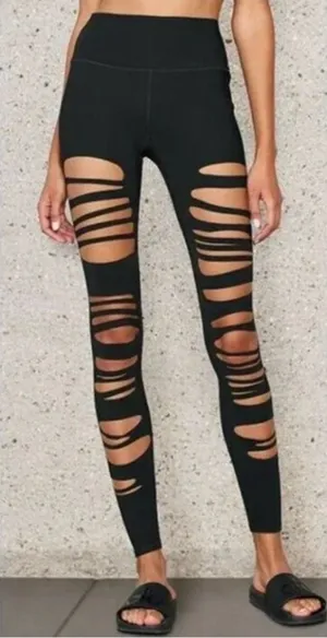 Alo Yoga High Waist Extreme Ripped Warrior Leggings Black Edgy Destroyed XXS thumbnail 1