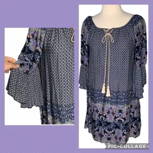 Altar’d State Blue/White/Lavender Boho Bell Sleeve Mini Dress Tunic S thumbnail 13