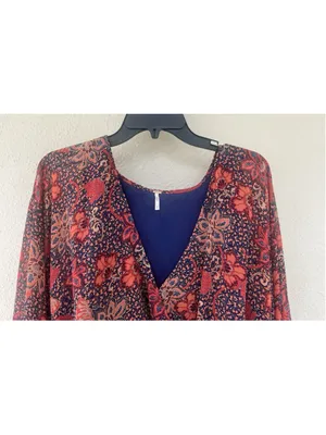 Free People Teegan Mini Dress M Peach Combo Floral V Neck Boho Western Festival thumbnail 3