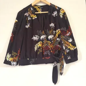 Madewell Floral Wrap Top Burgundy Side Tie‎ V-Neck Blouse 3/4 Sleeve Size M thumbnail 1