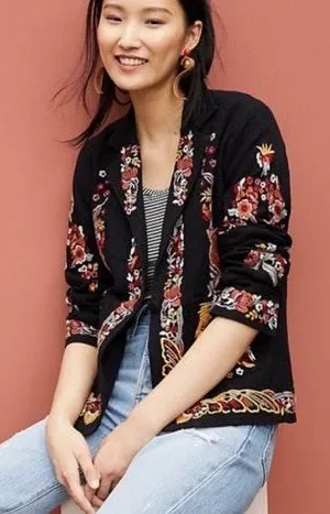 Anthropologie Embroidered Black Blazer Jacket Ellen Maeve thumbnail 4