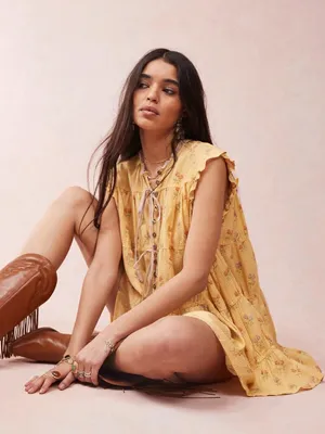 Free People Bohemian Prairie Sundown Mini Dress Tunic Top Sunshine Combo Large thumbnail 3