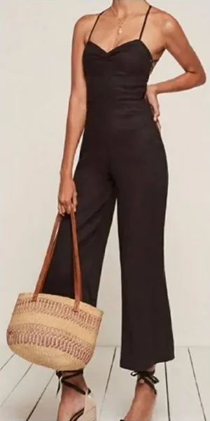 Reformation Oregano Jumpsuit Lace Up Back Linen Black Size 4 thumbnail 1