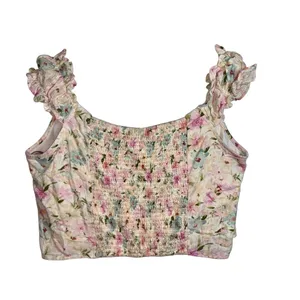 Abercrombie & Fitch White Blue Pink Floral Linen Smocked Crop Tank Top Size XL thumbnail 2