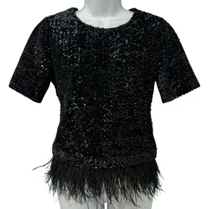 Ann Taylor Black Sequin Short Sleeve Feather Trim Round Neck Shirt Top Size XS thumbnail 1