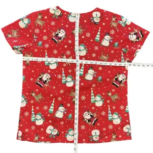 Just Love Christmas Holiday Medical Scrub Top V-Neck Pockets Red Snowman Santa M thumbnail 9