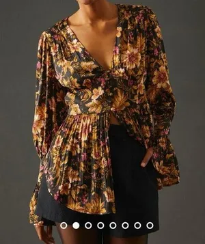 By Anthropologie Deep-V Floral Tunic Top Medium Women’s Black Motif OB1596837 thumbnail 1