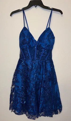 NWT Blondie Nites Womens Size 3 Royal Blue Sequin Corset Lace Up Party Dress thumbnail 1